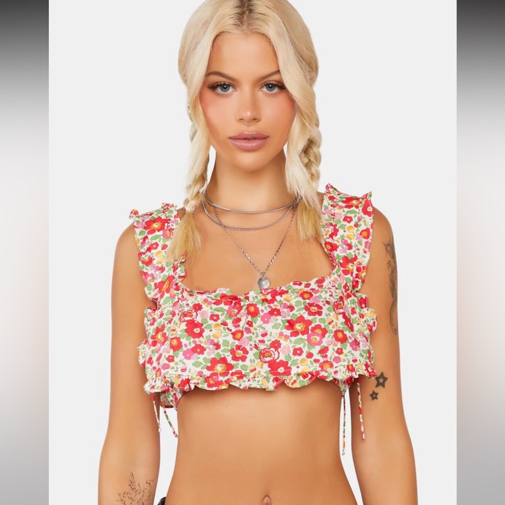 For Love & Lemons Floral Spring Pink Barbie Auden Tie Crop Sleeveless Top